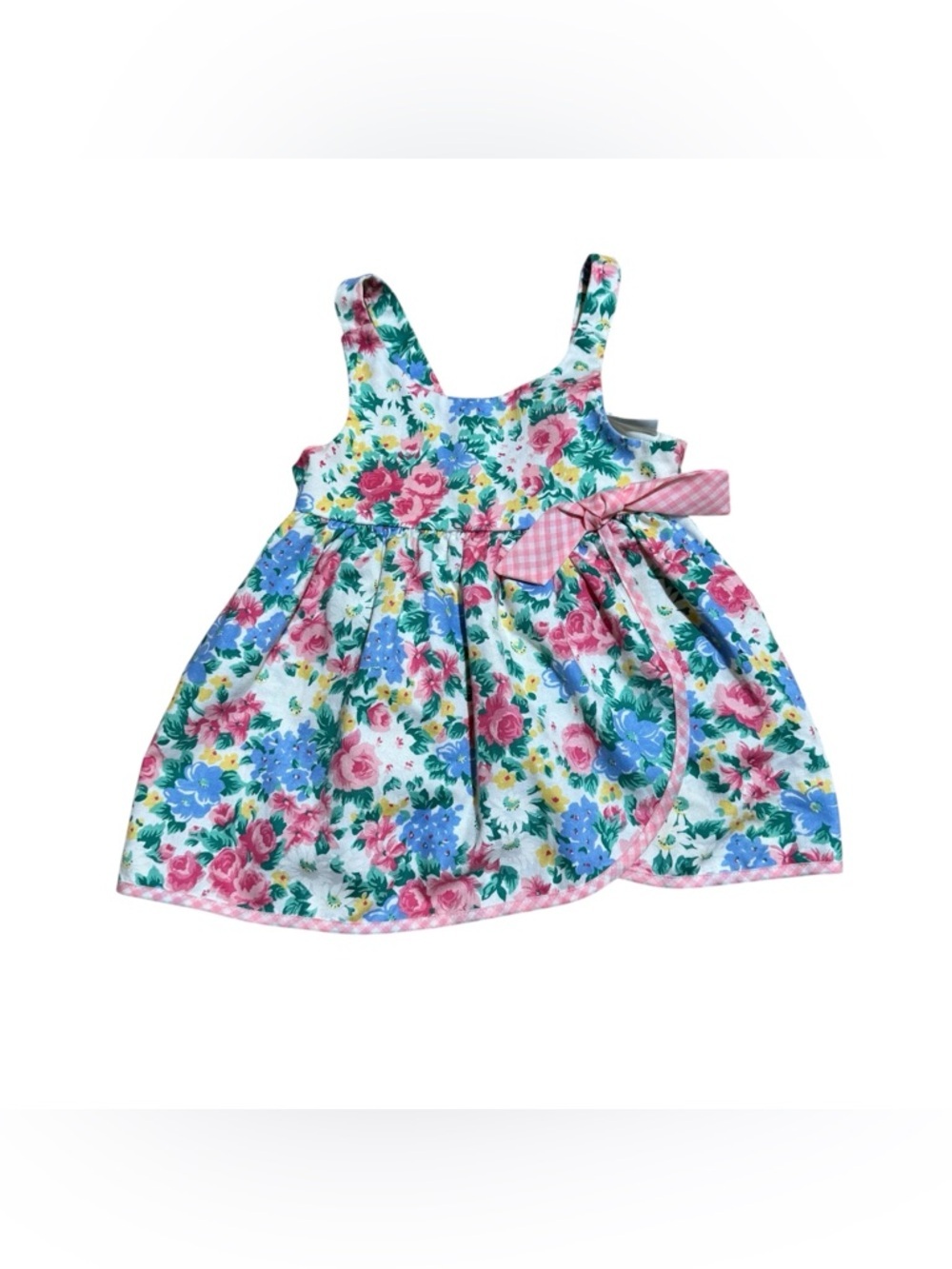 Vtg Cottagecore Floral Garden Roses Sleeveless Sundress Pink Gingham Bow 6-9M